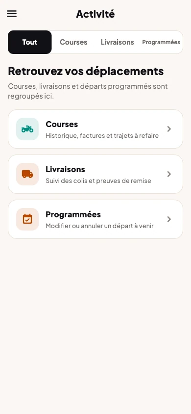 Capture réelle de l’écran Activité de Jakarta avec les courses, livraisons et départs programmés.