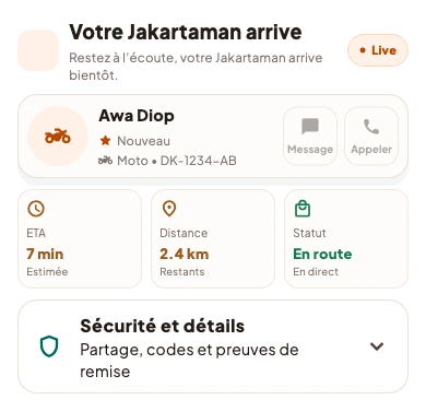 Capture réelle de l’application Jakarta montrant le suivi d’un Jakartaman, son ETA, la distance et le statut de la course.