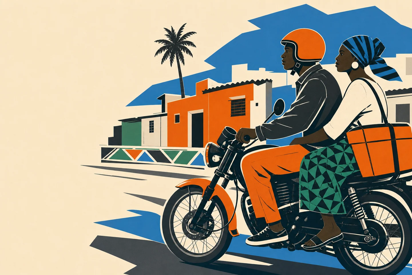 Un Jakartaman et sa passagère casqués circulent à moto dans une rue de Dakar.