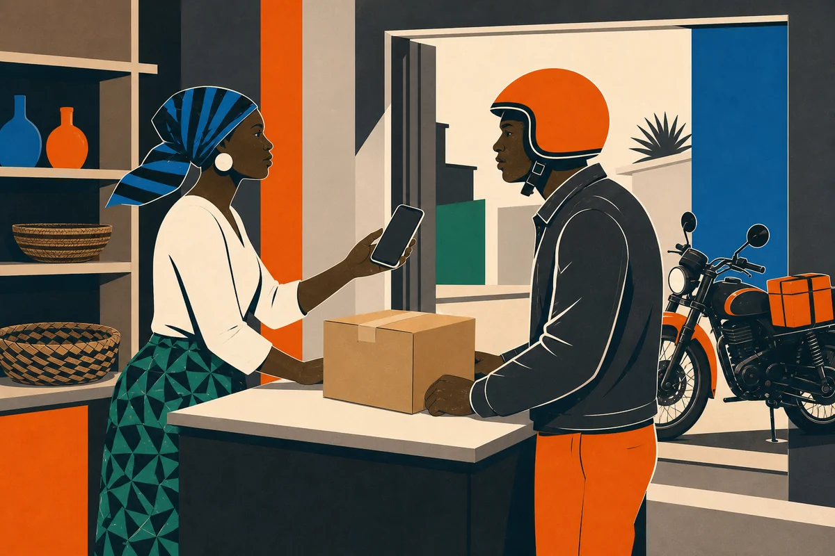 Une commerçante prépare une commande avec un Jakartaman dans sa boutique.