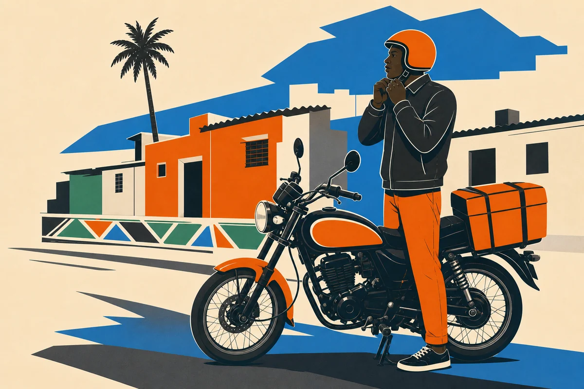 Un futur Jakartaman attache son casque orange à côté de sa moto à Dakar.