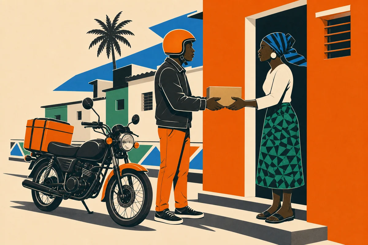 Un Jakartaman remet un colis à une cliente devant une boutique de Dakar.