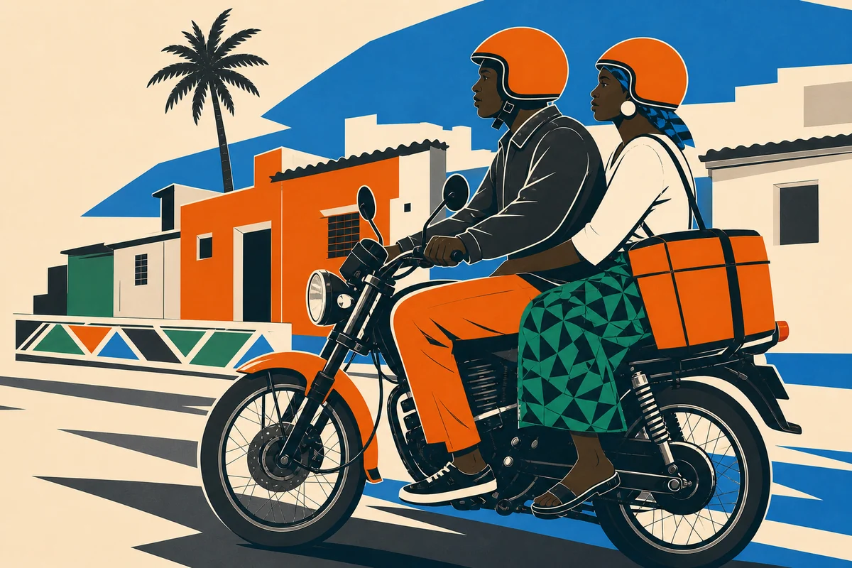 Une passagère et un Jakartaman portent leur casque pendant une course à moto à Dakar.